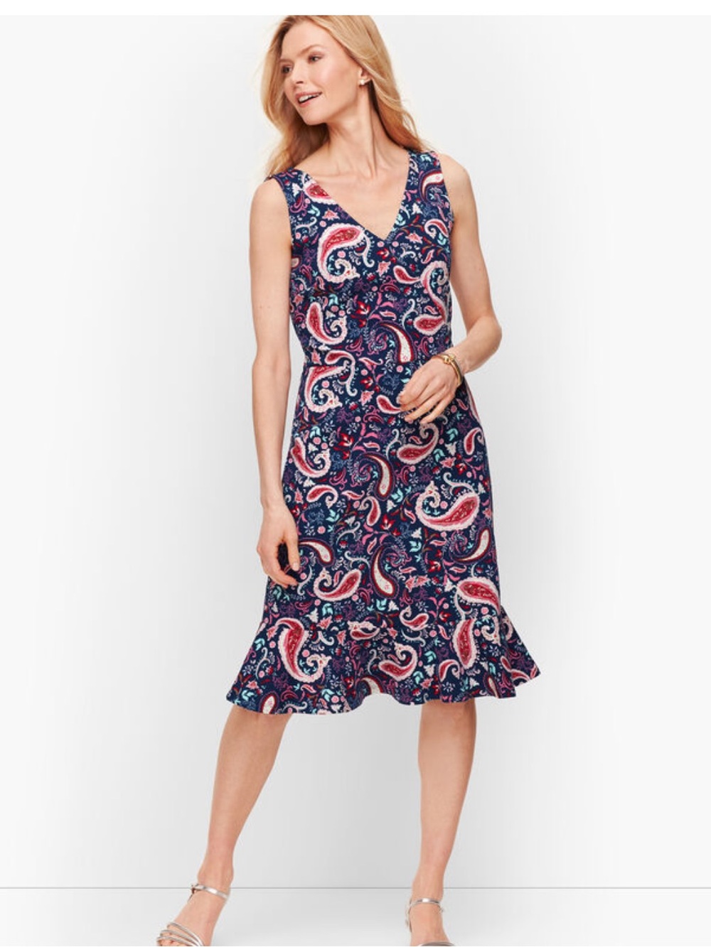 Talbots Navy Paisley V‑Neck Sleeveless Dress